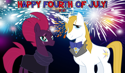 Size: 2064x1204 | Tagged: safe, anonymous artist, imported from derpibooru, prince blueblood, tempest shadow, unicorn, 2021, 4th of july, american independence day, berryblood, female, fireworks, friendship, friendshipping, holiday, male, shipping, shipping fuel, smiling, song reference, stallion, straight, when he smiles, when she smiles, youtube link in the description