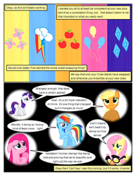 Size: 612x792 | Tagged: safe, artist:newbiespud, edit, edited screencap, imported from derpibooru, screencap, applejack, fluttershy, pinkie pie, rainbow dash, rarity, earth pony, pegasus, pony, unicorn, comic:friendship is dragons, magical mystery cure, applejack's hat, bust, comic, cowboy hat, dialogue, eyelashes, female, floppy ears, glasses, hat, hatless, horn, looking back, mare, missing accessory, pinkamena diane pie, raised hoof, sad, screencap comic, swapped cutie marks, what my cutie mark is telling me, wings