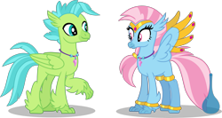 Size: 6049x3228 | Tagged: safe, artist:ethanjacobsyrosca, imported from derpibooru, oc, oc only, oc:bottlegriff, oc:wishgriff, classical hippogriff, genie, hippogriff, absurd resolution, bottle, bracelet, brother and sister, circlet, clothes, female, fraternal twins, hippogriff oc, jewelry, leggings, male, not silverstream, not terramar, shadow, siblings, simple background, transparent background, vector, wing jewelry