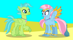 Size: 6622x3664 | Tagged: safe, artist:ethanjacobsyrosca, imported from derpibooru, oc, oc only, oc:bottlegriff, oc:wishgriff, classical hippogriff, genie, hippogriff, absurd resolution, bottle, bracelet, brother and sister, circlet, clothes, desert, female, fraternal twins, hippogriff oc, jewelry, leggings, male, not silverstream, not terramar, sand, shadow, siblings, vector, wing jewelry