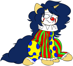 Size: 1570x1429 | Tagged: safe, artist:2k.bugbytes, imported from ponybooru, oc, oc only, oc:flash reboot, pony, unicorn, clothes, clown, clown makeup, clown nose, face paint, female, outfit, simple background, sitting, solo, transparent background, unamused