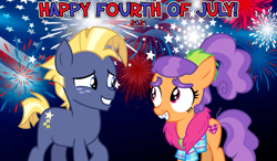 Size: 2063x1204 | Tagged: safe, anonymous artist, imported from derpibooru, plaid stripes, star tracker, earth pony, 2021, 4th of july, american independence day, colt, female, filly, fireworks, holiday, looking at each other, male, shipping, smiling, smiling at each other, song reference, starstripes, straight, teenager, youtube link