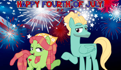 Size: 2064x1204 | Tagged: safe, anonymous artist, imported from derpibooru, tree hugger, zephyr breeze, earth pony, pegasus, 2021, 4th of july, american independence day, female, fireworks, hippie, hipster, holiday, looking at each other, male, mare, shipping, stallion, straight, zephyrhugger