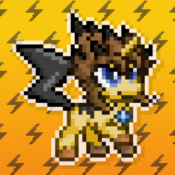 Size: 1024x1024 | Tagged: safe, artist:tony yotes, artist:yotes games, artist:yotesmark, imported from derpibooru, oc, oc only, oc:electina, jolteon, pikachu, pony, unicorn, battle gem ponies, eeveelution, pixel art, pokémon, ponymon, solo, super saiyan