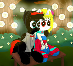 Size: 7200x6600 | Tagged: safe, artist:agkandphotomaker2000, imported from derpibooru, oc, oc:arnold the pony, oc:lucia nightblood, pegasus, pony, vampire, vampony, absurd resolution, arncia, bush, clothes, decorative lamps, dress, everfree forest, flower, hoof on shoulder, looking at each other, oc x oc, pony prom, pony prom 2021, red and black mane, red and black oc, shipping, sitting, small break, tree, tuxedo