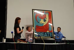 Size: 600x403 | Tagged: safe, imported from derpibooru, oc, oc:fausticorn, alicorn, human, pony, bronycon, bronycon 2012, 2012, irl, irl human, lauren faust, microphone, photo, poster