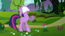 Size: 1280x720 | Tagged: safe, imported from derpibooru, screencap, twilight sparkle, pony, unicorn, magic duel, season 3, female, flower, frustrated, mare, nose in the air, solo, teeth, unicorn twilight