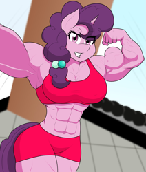 Size: 1685x1985 | Tagged: safe, alternate version, artist:matchstickman, imported from derpibooru, sugar belle, anthro, unicorn, abs, armpits, biceps, breasts, busty sugar belle, clothes, dumbbell (object), female, flexing, flexing muscles, grin, gym, gym shorts, looking at you, mare, muscles, muscular female, pecs, selfie, shorts, smiling, solo, sports bra, sports shorts, sugar barbell, thighs, thunder thighs, weights