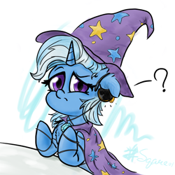 Size: 1080x1080 | Tagged: safe, artist:square#01, imported from derpibooru, trixie, pony, unicorn, clothes, earbuds, earpiece, female, hat, mare, question mark, solo, tangled up, trixie's hat, wires