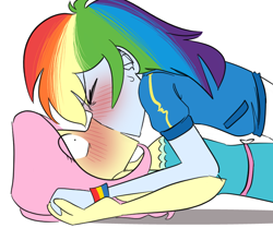 Size: 824x690 | Tagged: safe, artist:beefgummies, imported from derpibooru, fluttershy, rainbow dash, human, equestria girls, blushing, duo, eyes closed, female, flutterdash, kiss on the lips, kissing, lesbian, shipping, surprise kiss