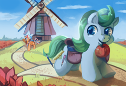 Size: 736x506 | Tagged: artist needed, safe, imported from derpibooru, oc, oc:ember (hwcon), oc:glace (hwcon), cottagecore, dutch, hearth's warming con, mouth hold, netherlands, tulip, windmill