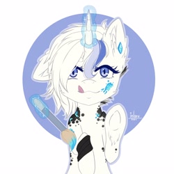 Size: 3000x3000 | Tagged: safe, artist:inlaru, imported from derpibooru, oc, oc only, oc:picallo, pony, unicorn, brush, ear fluff, halfbody, high res, horn, magic, painting, ponyfications, pots, simple background, solo, ton, unicorn oc