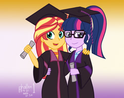 Size: 1000x793 | Tagged: safe, artist:phallen1, imported from derpibooru, sci-twi, sunset shimmer, twilight sparkle, equestria girls, atg 2021, diploma, duo, gradient background, graduation, graduation cap, hat, newbie artist training grounds, side by side