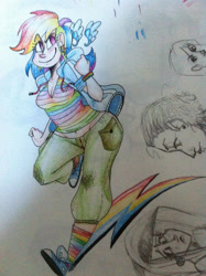 Size: 1936x2592 | Tagged: safe, artist:mcnuggyy, imported from derpibooru, rainbow dash, human, clothes, colored pencil drawing, converse, ear piercing, earring, floating wings, humanized, jewelry, piercing, shoes, smiling, traditional art, wings