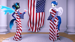 Size: 3840x2160 | Tagged: safe, artist:seriff-pilcrow, imported from derpibooru, oc, oc:lacuna, anthro, changeling, pegasus, plantigrade anthro, 3d, 4th of july, american flag, carpet, clothes, disguise, disguised changeling, dress, flag, glass, gloves, gown, high heels, high res, holiday, pumps, self ponidox, shoes, side slit, socks, source filmmaker, stockings, thigh highs