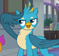 Size: 1127x1080 | Tagged: safe, imported from derpibooru, screencap, gallus, smolder, dragon, griffon, school daze, season 8, spoiler:s08, cropped, female, male, offscreen character, solo focus, wing hands, wings