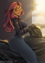 Size: 2480x3508 | Tagged: safe, artist:nire, imported from derpibooru, sunset shimmer, equestria girls, breasts, bunset shimmer, busty sunset shimmer, butt, clothes, gloves, helmet, high res, hip, jacket, jeans, leather jacket, looking at you, motorcycle, pants, smiling, smiling at you, solo, sunglasses
