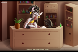 Size: 1800x1207 | Tagged: safe, artist:meowcephei, imported from derpibooru, oc, oc only, oc:crimsley, oc:crimsling, changeling, zebra, alchemy, alchemy shop, beakers, black hooves, colored hooves, commission, countertop, disguise, disguised changeling, drawer, drawers, dreadlocks, dreads, ear piercing, earring, glasses, gold, hoof on chin, jewelry, knob, male, neck rings, piercing, ponytail, potions, potted plant, shelf, shop, solo, stripes, text, unshorn fetlocks, vial, zebra oc
