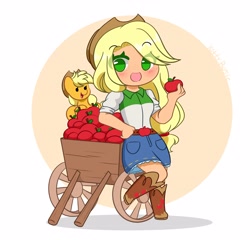 Size: 4096x3927 | Tagged: safe, artist:kittyrosie, imported from derpibooru, applejack, earth pony, pony, equestria girls, apple, applejack's hat, blushing, boots, chibi, clothes, cowboy boots, cowboy hat, cowgirl, cute, denim skirt, female, food, freckles, hat, human coloration, human ponidox, jackabetes, open mouth, self paradox, self ponidox, shoes, skirt, stetson