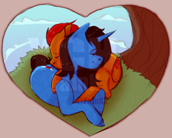 Size: 1306x1052 | Tagged: safe, artist:fajnk, imported from derpibooru, oc, pegasus, pony, unicorn, commission, couple, eyebrows, eyes closed, female, heart, horn, hug, male, mare, obtrusive watermark, pair, pegasus oc, stallion, unicorn oc, watermark, wings, ych result