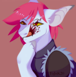 Size: 1256x1280 | Tagged: safe, artist:fajnk, imported from derpibooru, oc, oc only, bat pony, pony, vampire, bat pony oc, bat wings, blood, canines, fangs, gift art, licking, licking lips, lineless, male, solo, stallion, tongue out, wings