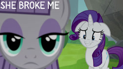Size: 1280x720 | Tagged: safe, edit, edited screencap, editor:quoterific, imported from derpibooru, screencap, maud pie, rarity, earth pony, pony, unicorn, season 6, the gift of the maud pie, close-up, female, floppy ears, grin, lip bite, mare, nervous, nervous grin, smiling