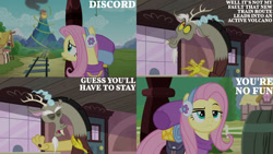 Size: 1280x720 | Tagged: safe, edit, edited screencap, editor:quoterific, imported from derpibooru, screencap, discord, fluttershy, draconequus, pegasus, pony, dungeons and discords, season 6, bag, discord being discord, eyes closed, female, fluttershy is not amused, male, mare, open mouth, saddle bag, train station, unamused, volcano