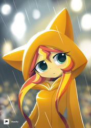 Size: 1000x1407 | Tagged: safe, artist:howxu, imported from derpibooru, sunset shimmer, equestria girls, blushing, choker, clothes, colored pupils, costume, cute, female, hoodie, kigurumi, looking at you, ponied up, rain, raincoat, shimmerbetes, solo