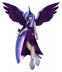 Size: 6229x7188 | Tagged: safe, artist:dazzlingmimi, artist:eeveeglaceon, imported from derpibooru, twilight sparkle, human, absurd resolution, alicorn humanization, eye clipping through hair, eyebrows, eyebrows visible through hair, female, horn, horned humanization, humanized, nightmare twilight, nightmarified, simple background, smiling, solo, spread wings, transparent background, winged humanization, wings