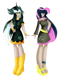 Size: 5789x7331 | Tagged: safe, artist:dazzlingmimi, artist:eeveeglaceon, imported from derpibooru, bon bon, lyra heartstrings, sweetie drops, human, absurd resolution, duo, duo female, evil grin, female, grin, horn, horned humanization, humanized, nightmare bonbon, nightmare lyra, nightmarified, simple background, smiling, transparent background