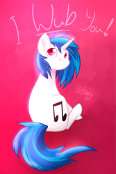 Size: 2000x3000 | Tagged: safe, artist:netoey, imported from derpibooru, dj pon-3, vinyl scratch, pony, unicorn, colored pupils, female, high res, i wub you, looking back, mare, missing accessory, no mouth, sitting, solo