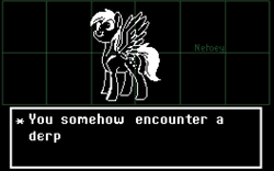 Size: 794x494 | Tagged: safe, artist:netoey, imported from derpibooru, derpy hooves, pegasus, pony, female, grayscale, mare, monochrome, pixel art, scrunchy face, solo, style emulation, undertale