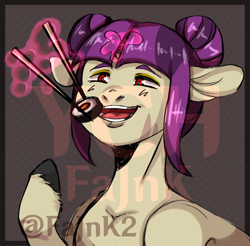 Size: 912x899 | Tagged: safe, artist:fajnk, imported from derpibooru, oc, oc only, pony, unicorn, abstract background, colored, colored sketch, commission, eating, eyebrows, female, food, horn, magic, mare, open mouth, sketch, smiling, solo, sushi, unicorn oc, ych result