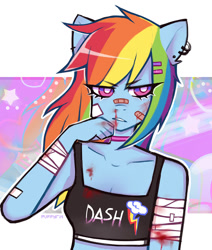 Size: 1000x1181 | Tagged: safe, artist:puffyrin, imported from derpibooru, rainbow dash, anthro, bandage, bandaid, bandaid on nose, blood, choker, clothes, ear piercing, earring, female, jewelry, nose bandaid, patch, piercing, solo, sports bra, tomboy, white pupils