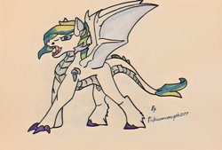 Size: 615x415 | Tagged: safe, artist:pinkiexneomorph277, imported from derpibooru, oc, oc only, oc:emerald ribbons, dracony, dragon, hybrid, pony, dragon wings, fangs, interspecies offspring, offspring, open mouth, parent:rarity, parent:spike, parents:sparity, solo, spread wings, traditional art, wings