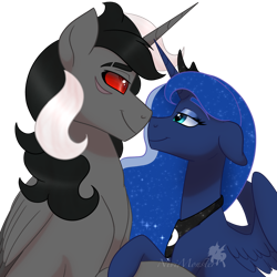 Size: 900x900 | Tagged: safe, artist:nivimonster, imported from derpibooru, princess luna, oc, oc:shadow eclipse, alicorn, canon x oc, female, male, simple background, stallion, straight, transparent background