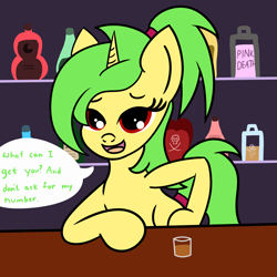 Size: 2000x2000 | Tagged: safe, artist:dafiltafish, imported from derpibooru, oc, oc only, oc:piña, pony, unicorn, alcohol, bartender, bipedal, bipedal leaning, female, high res, horn, leaning, open mouth, solo, speech bubble, unicorn oc