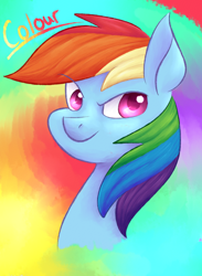 Size: 2000x2729 | Tagged: safe, artist:netoey, imported from derpibooru, rainbow dash, pegasus, pony, abstract background, bust, high res, rainbow background, solo, three quarter view