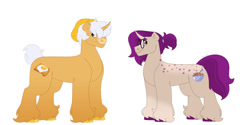 Size: 1280x640 | Tagged: safe, artist:itstechtock, imported from derpibooru, oc, oc only, oc:eggy toast, oc:maple mulberry, pony, unicorn, body freckles, curved horn, female, freckles, glasses, horn, magical gay spawn, male, mare, offspring, simple background, stallion, unshorn fetlocks, white background