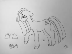 Size: 1197x896 | Tagged: safe, artist:autumnsfur, artist:autumnsfurart, imported from derpibooru, marble pie, earth pony, pony, apple, cloven hooves, female, food, lineart, mare, raised hoof, solo, traditional art