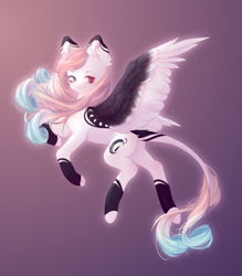 Size: 1400x1600 | Tagged: safe, artist:dusty-onyx, artist:dustyonyx, imported from derpibooru, oc, oc only, oc:mian, pegasus, pony, body markings, coat markings, curly mane, curly tail, ear fluff, ear markings, female, flying, gradient background, gradient mane, gradient tail, heterochromia, leonine tail, long tail, looking back, mare, multicolored mane, multicolored tail, socks (coat markings), solo, sparkles, tail