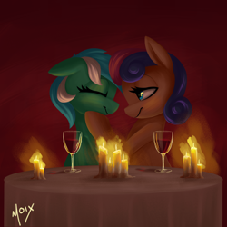 Size: 2000x2000 | Tagged: safe, artist:supermoix, imported from derpibooru, bon bon, lyra heartstrings, sweetie drops, earth pony, pony, unicorn, adorabon, alcohol, beautiful, candle, cute, dinner, eyes closed, female, high res, lesbian, love, lyrabetes, lyrabon, night, painting, shipping, wine