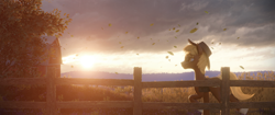 Size: 3840x1607 | Tagged: safe, artist:etherium-apex, imported from derpibooru, oc, oc:acres, earth pony, pony, 3d, blender, blender eevee, countryside, farm, fence, leaves, male, scenery, solo