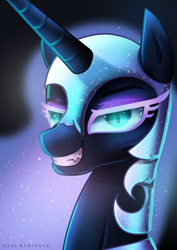 Size: 3600x5092 | Tagged: safe, artist:opal_radiance, imported from derpibooru, nightmare moon, alicorn, pony, absurd resolution, bust, fangs, female, grin, mare, smiling, solo