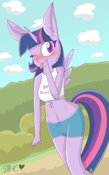 Size: 790x1268 | Tagged: safe, artist:snuggleb4cuddle, imported from derpibooru, twilight sparkle, alicorn, anthro, belly button, big ears, cheek fluff, clothes, female, solo, tongue out, twilight sparkle (alicorn)