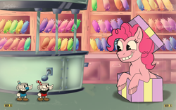 Size: 3354x2113 | Tagged: safe, artist:shungire, imported from derpibooru, pinkie pie, earth pony, pony, boss battle, box, candy, crossover, cuphead, cuphead (character), female, food, grin, high res, male, mare, mugman, pony in a box, smiling, sugarcube corner, unshorn fetlocks