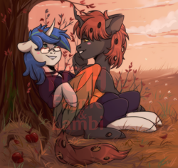 Size: 1146x1080 | Tagged: safe, artist:1an1, artist:fajnk, imported from derpibooru, oc, oc only, changeling, hybrid, unicorn, apple, changeling oc, collaboration, commission, cute, female, food, glasses, grass, horn, hug, mare, orange changeling, pair, soft, tree, unicorn oc, ych result