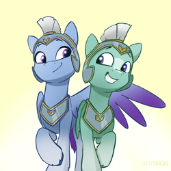 Size: 2048x2048 | Tagged: safe, artist:pfeffaroo, imported from derpibooru, pegasus, pony, duo, duo male, female, g5, gradient background, guard, guardsmare, high res, looking at each other, male, mare, pegasus royal guard, raised hoof, royal guard, shipping, smiling, smiling at each other, stallion, straight, thunder flap, zoom zephyrwing, zoomthunder