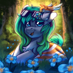 Size: 2000x2000 | Tagged: safe, artist:ariamidnighters, imported from derpibooru, oc, oc only, bird, earth pony, pony, chest fluff, female, flower, flower in hair, forest, high res, solo, sunglasses