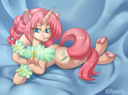 Size: 3500x2600 | Tagged: safe, artist:ellynet, imported from derpibooru, oc, oc only, pony, unicorn, anatomically incorrect, commission, female, frog (hoof), high res, hoofbutt, lidded eyes, lying down, prone, solo, underhoof, your character here